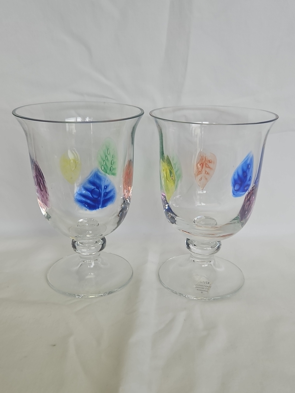 Dansk Burchetta Clear Glass Goblets with Multicolor Leaf Accents